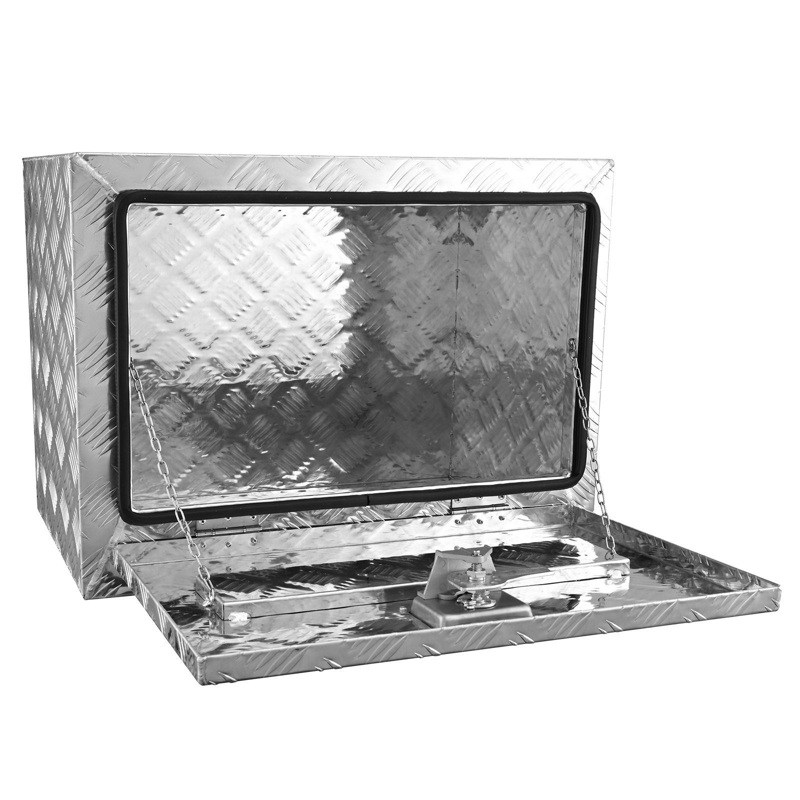 Caja de camión VEVOR abierta debajo de la carrocería con patrón de placa de diamante, tapa con soporte de cadena y acabado plateado.