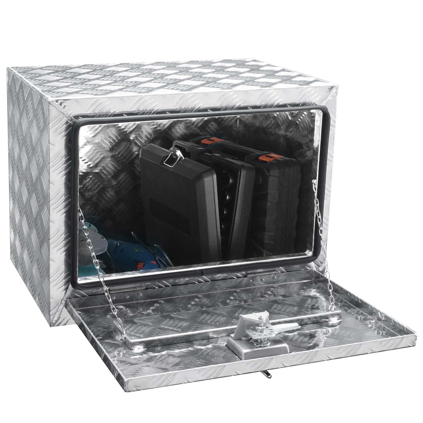 Caja para debajo de la carrocería del camión VEVOR con herramientas y equipos dentro de un estuche abierto de aluminio con placa de diamante.