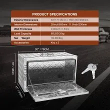 VEVOR Caja de almacenamiento para camioneta, caja de almacenamiento para camioneta de 30 x 17 x 18 pulgadas, caja de herramientas con placa de diamante de aluminio resistente con cerradura y llaves, caja de almacenamiento impermeable para remolque con pestillo con mango en T para camión, furgoneta, remolque