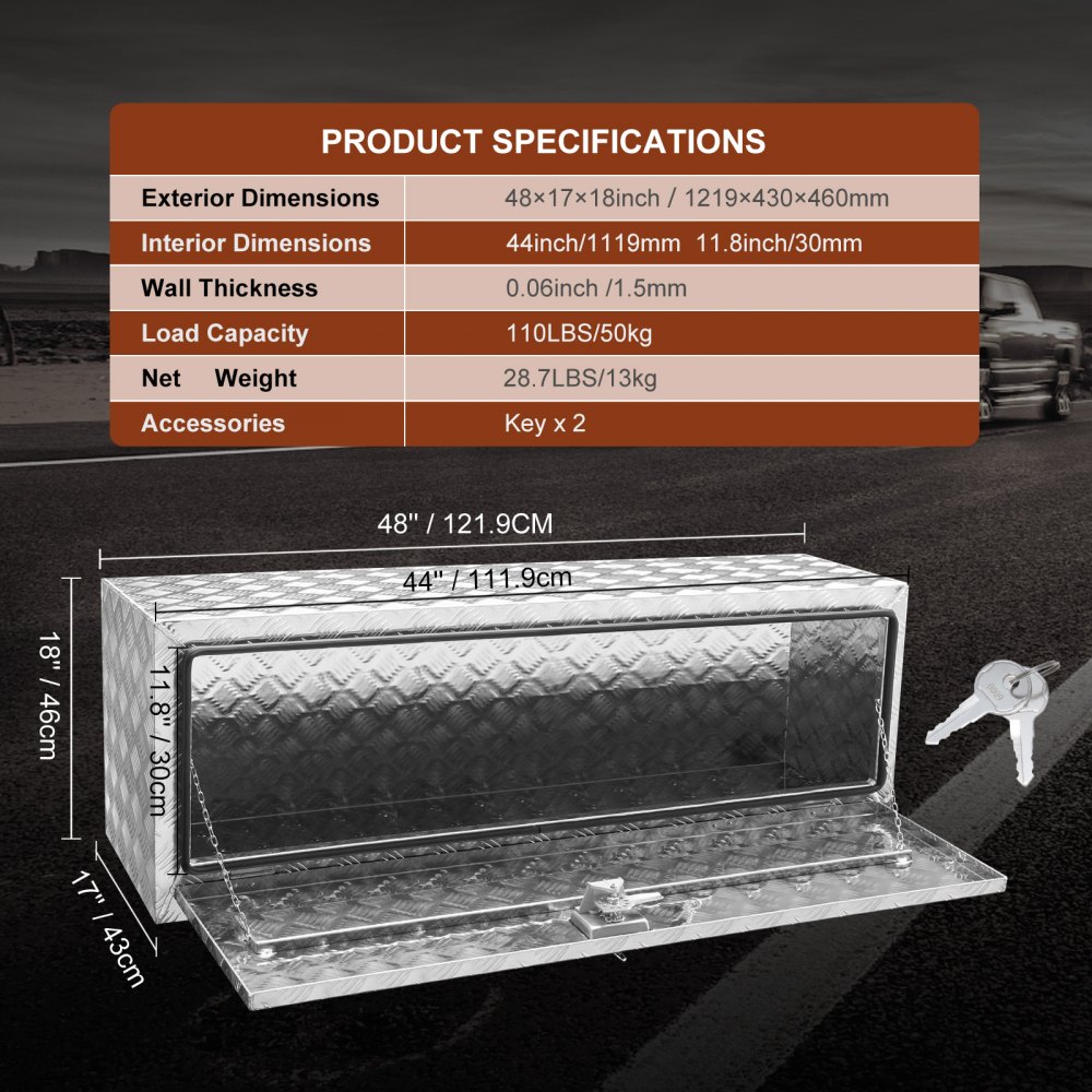 Caja de herramientas para camión VEVOR con dimensiones, capacidad de carga, peso y accesorios mostrados.