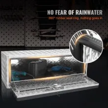 VEVOR Caja de almacenamiento para camioneta, caja de almacenamiento para camioneta de 48 x 17 x 18 pulgadas, caja de herramientas con placa de diamante de aluminio resistente con cerradura y llaves, caja de almacenamiento impermeable para remolque con pestillo con mango en T para camión, furgoneta, remolque