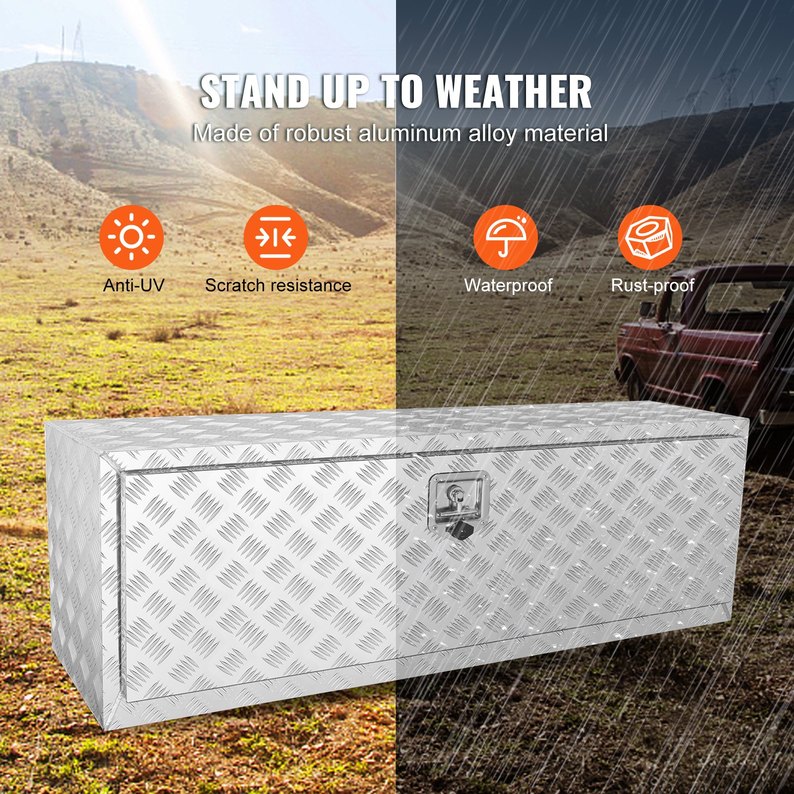 Caja de herramientas para camión VEVOR con características anti-UV, resistente a rayones, impermeable y a prueba de óxido en todo tipo de clima.