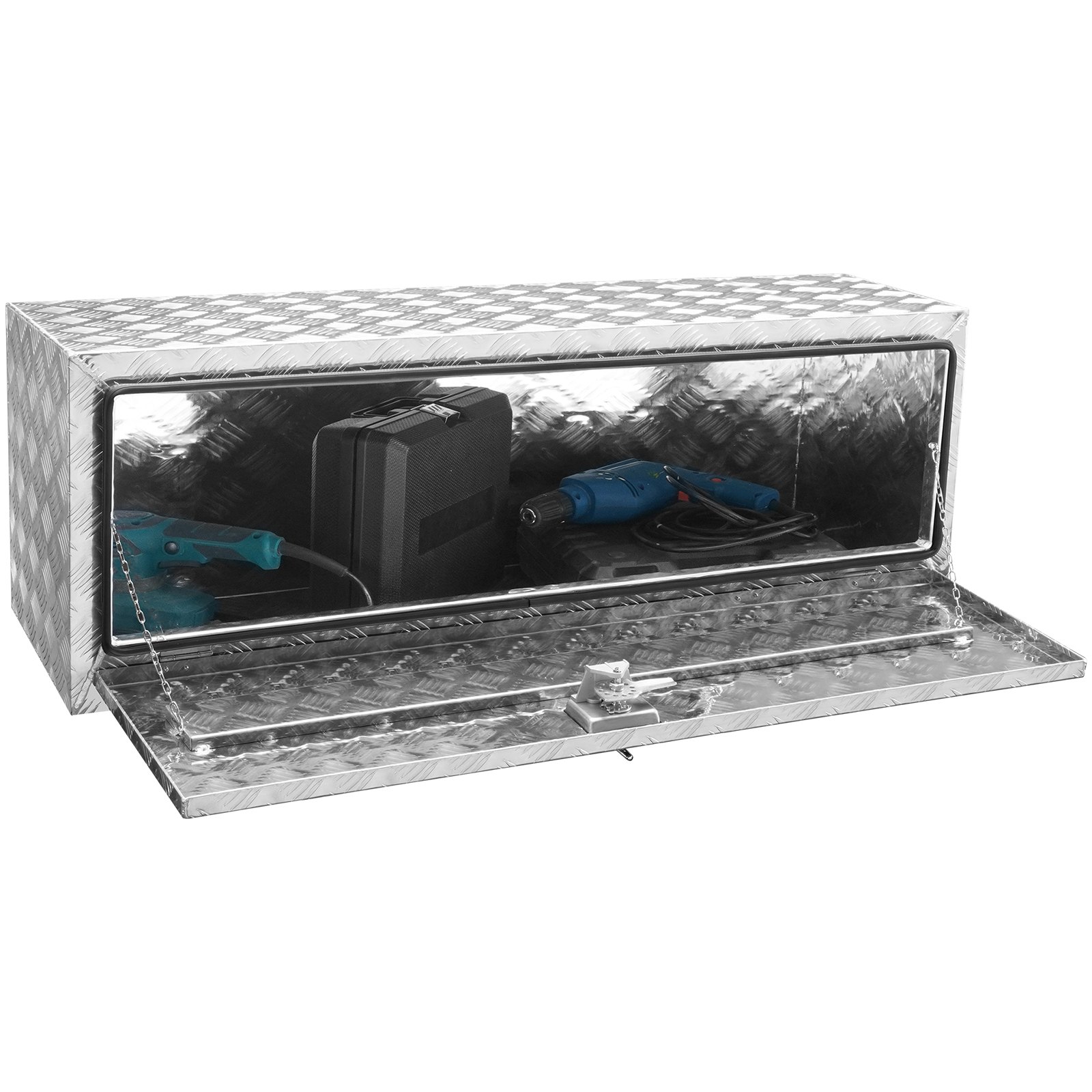 Caja de herramientas para camión VEVOR con diseño de placa de diamante, tapa abierta que muestra herramientas eléctricas y caja de accesorios.