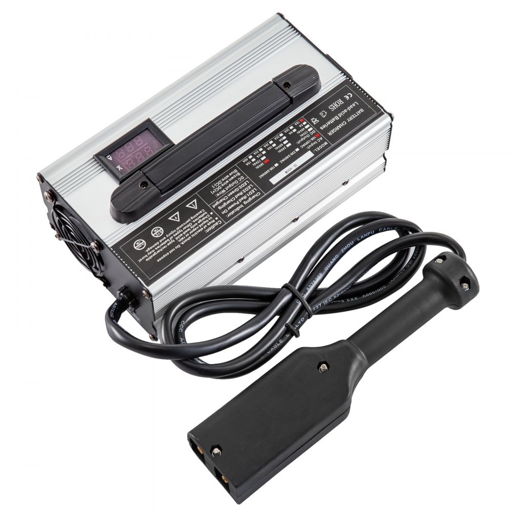Cargador de batería para carrito de golf VEVOR con cables negros y pantalla digital.