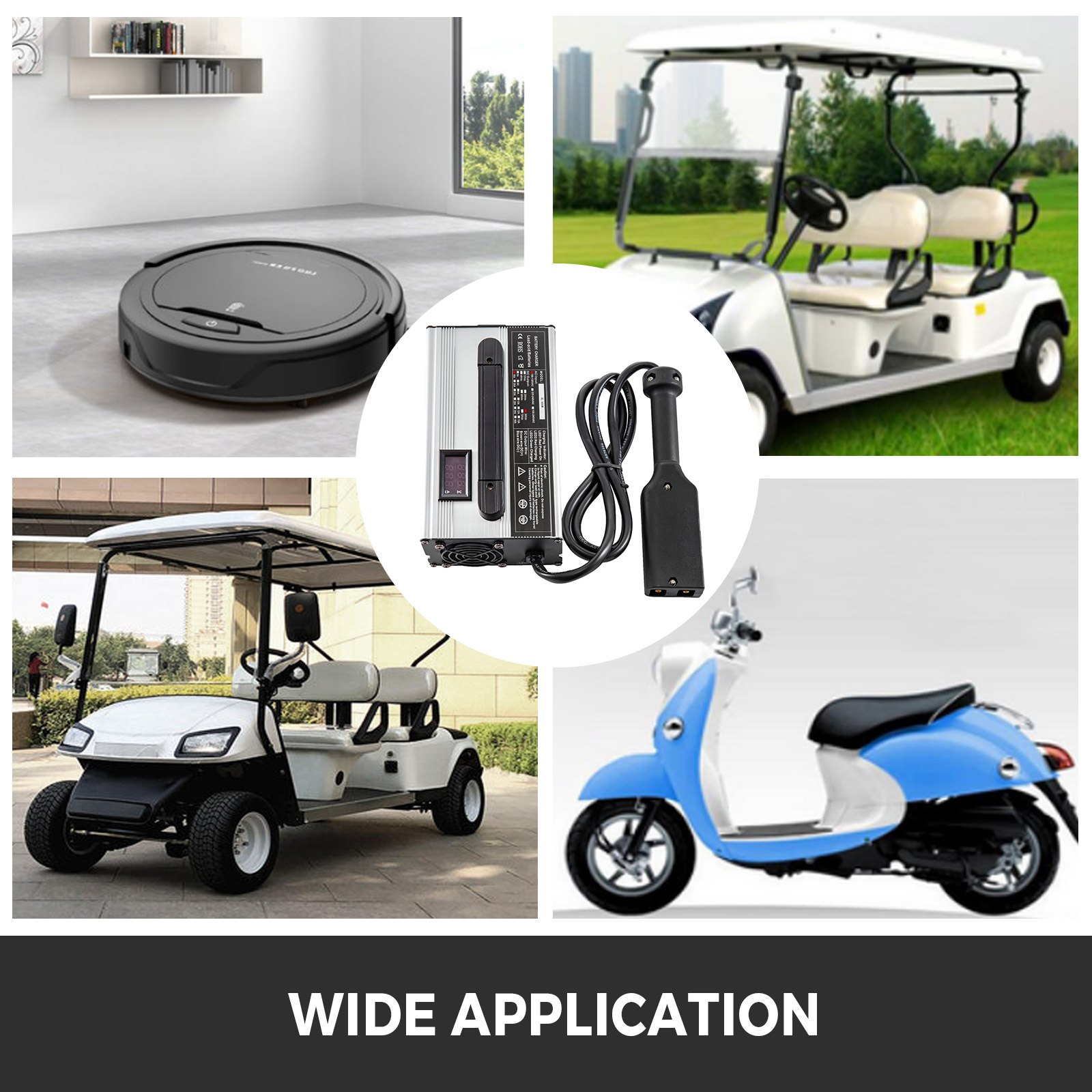 Cargador de batería para carrito de golf VEVOR con amplia aplicación para varios vehículos y dispositivos.