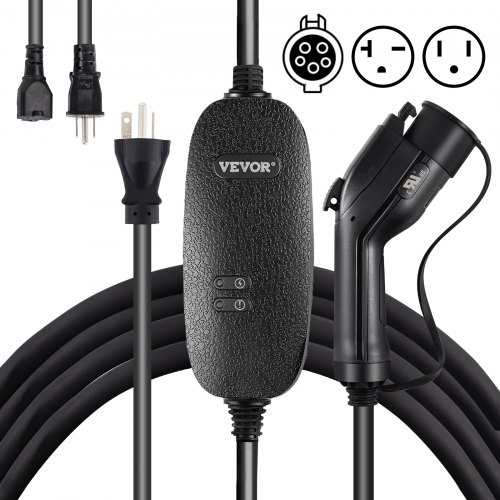 VEVOR Nivel 1+2 EV Cargador, 15 Amp 110-240V, Cargador de vehículo eléctrico portátil con cable de carga de 25 pies NEMA 6-20 Enchufe NEMA 5-15 Adaptador, Estación de carga EV doméstica enchufable para autos eléctricos SAE J1772