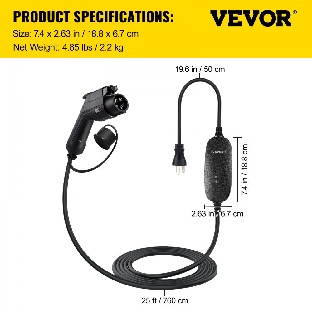 VEVOR Nivel 1+2 EV Cargador, 15 Amp 110-240V, Cargador de vehículo eléctrico portátil con cable de carga de 25 pies NEMA 6-20 Enchufe NEMA 5-15 Adaptador, Estación de carga EV doméstica enchufable para autos eléctricos SAE J1772