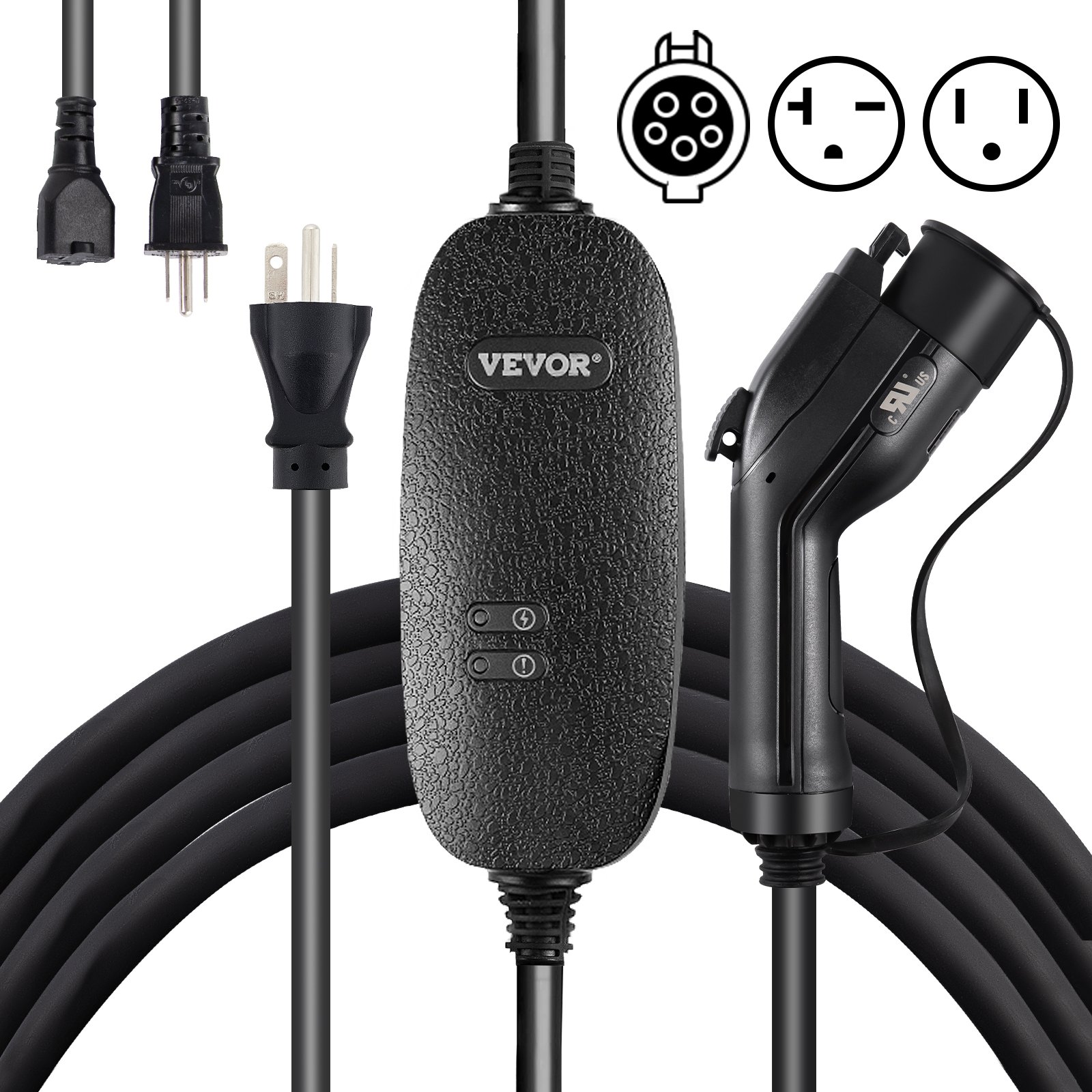 VEVOR Nivel 1+2 EV Cargador, 15 Amp 110-240V, Cargador de vehículo eléctrico portátil con cable de carga de 25 pies NEMA 6-20 Enchufe NEMA 5-15 Adaptador, Estación de carga EV doméstica enchufable para autos eléctricos SAE J1772