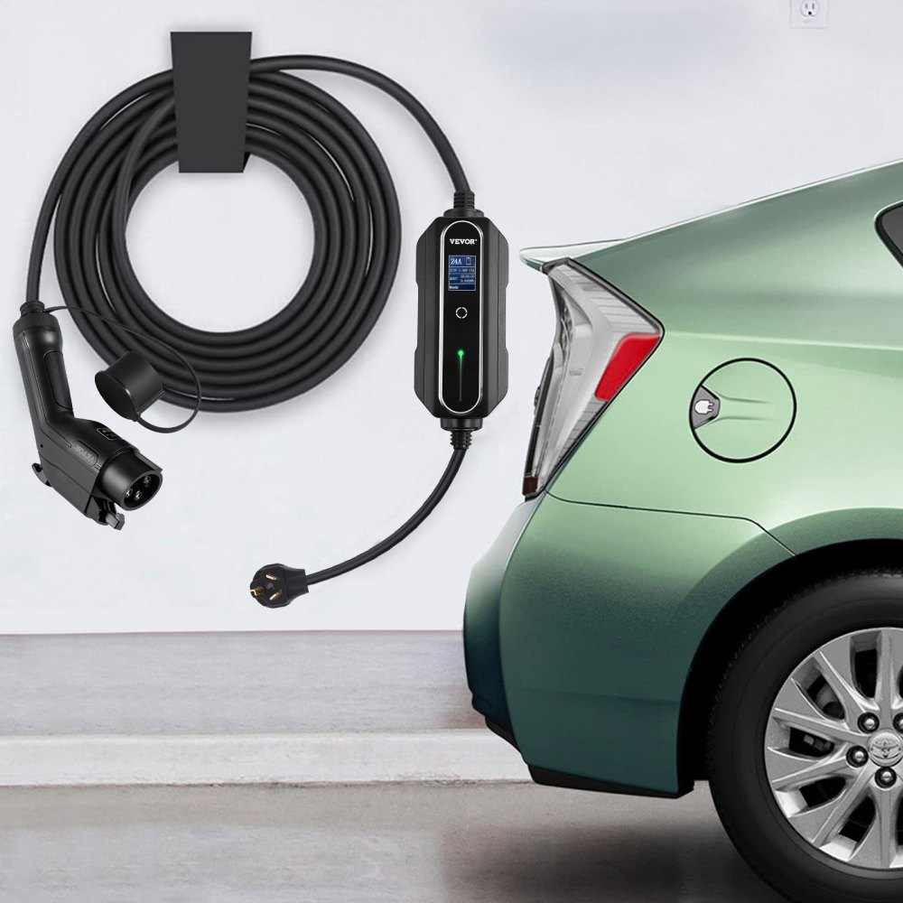 VEVOR Cargador EV Nivel 2, 24 Amp 110-240V, Cargador portátil para vehículos eléctricos con cable de carga J1772 de 25 pies Enchufe NEMA 10-30, 10/16/20/24A Estación de carga EV doméstica enchufable ajustable para automóviles eléctricos