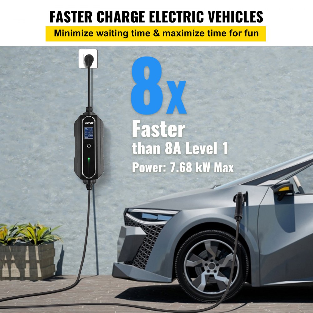 VEVOR Nivel 2 EV Cargador, 32 Amp 110-240V, Cargador de vehículo eléctrico portátil con cable de carga J1772 de 25 pies Enchufe NEMA 14-50, 10/16/20/24/32A Estación de carga EV enchufable ajustable para autos eléctricos