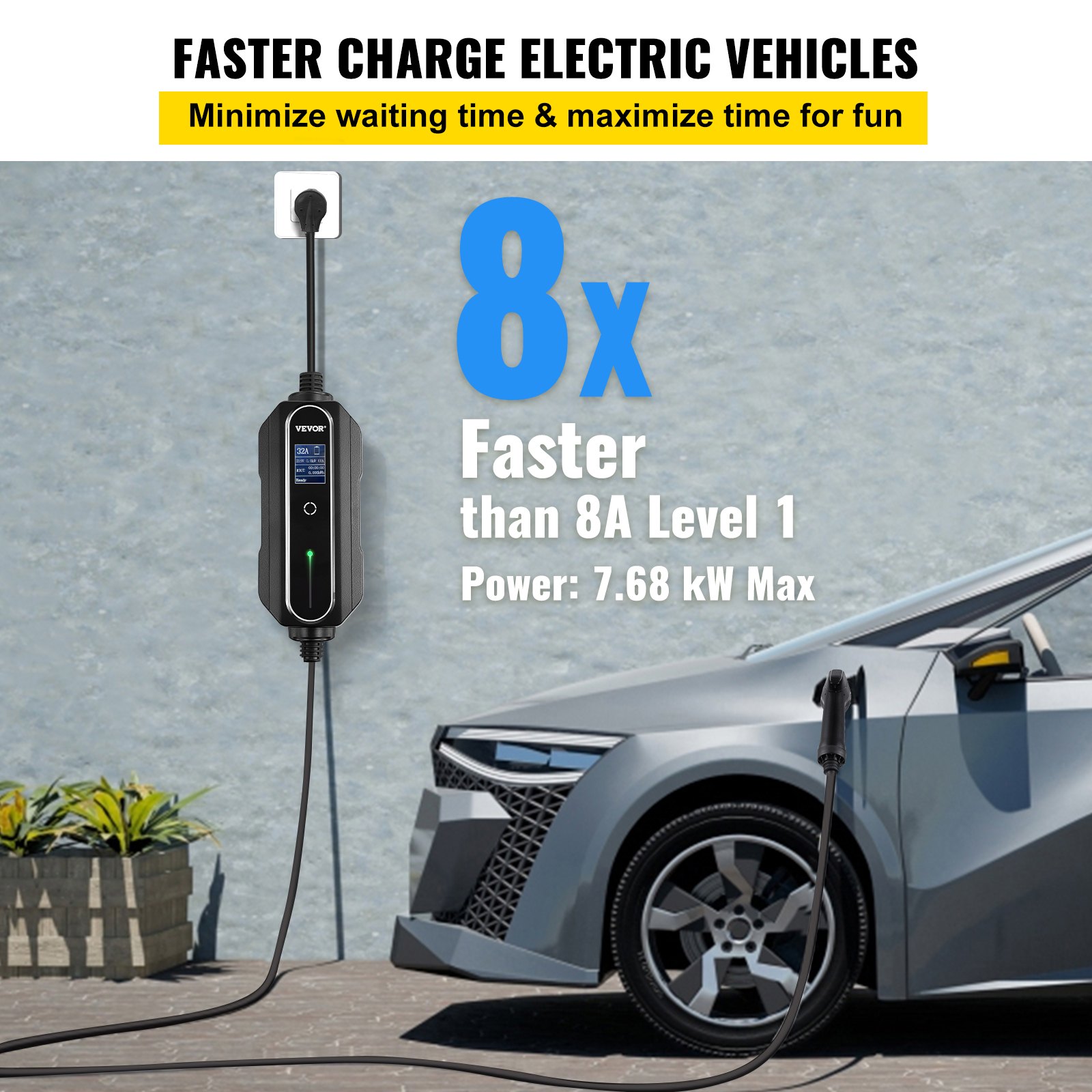 VEVOR Nivel 2 EV Cargador, 32 Amp 110-240V, Cargador de vehículo eléctrico portátil con cable de carga J1772 de 25 pies Enchufe NEMA 14-50, 10/16/20/24/32A Estación de carga EV enchufable ajustable para autos eléctricos