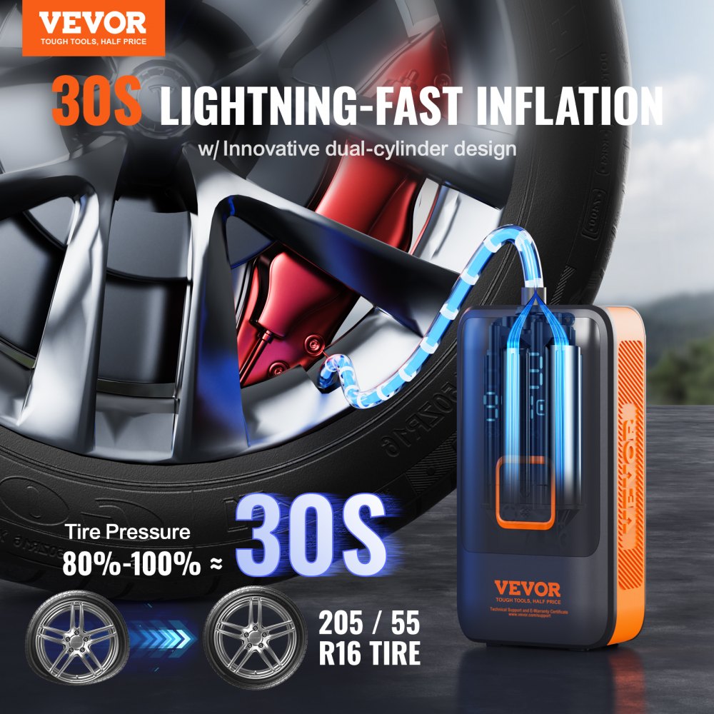 VEVOR Compresor de aire portátil para inflar neumáticos, doble cilindro y bomba de aire recargable de 12000 mAh, bomba de inflado rápido de 30 segundos con apagado automático, manómetro LCD, luz LED para coche, motocicleta, bicicleta
