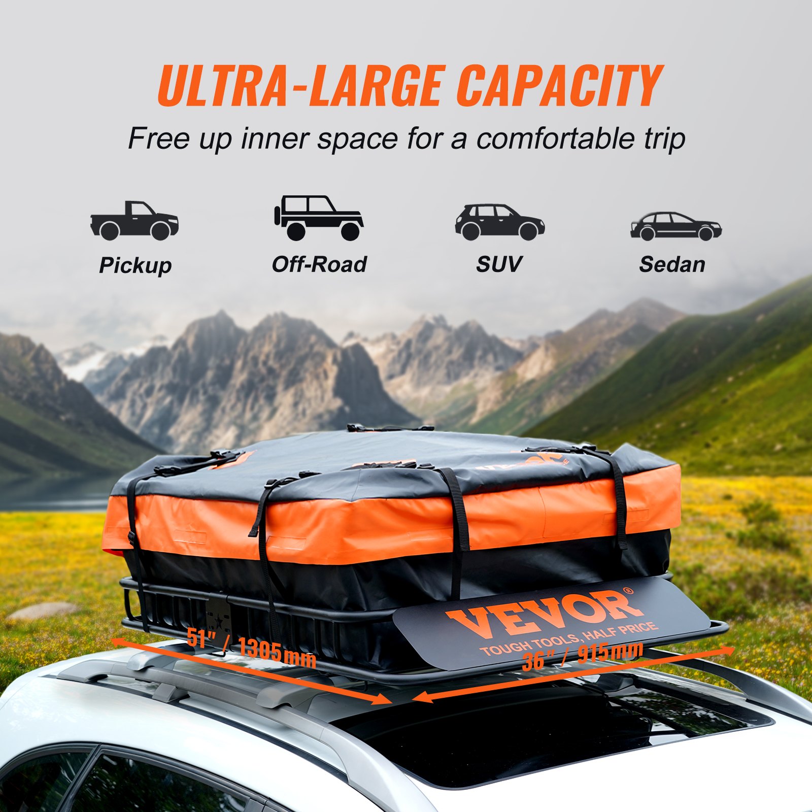 Portaequipajes VEVOR con bolsa de carga grande en la parte superior de un automóvil con un fondo de montañas, ideal para SUV y sedanes.