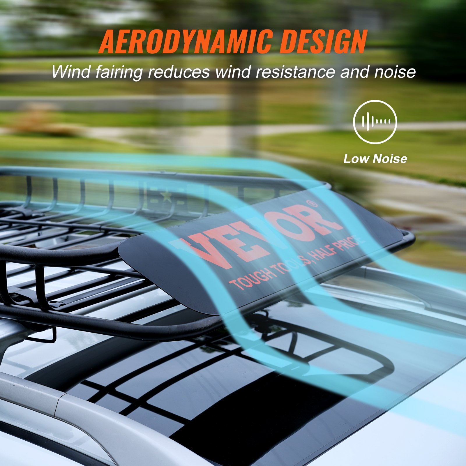 Cesta de carga para portaequipajes de techo VEVOR con diseño aerodinámico que reduce la resistencia al viento y el ruido en un vehículo en movimiento.