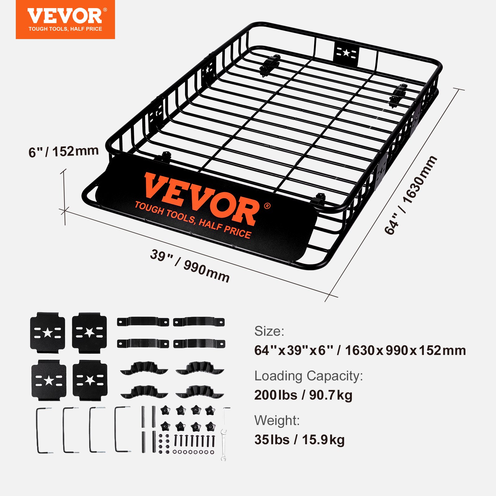 Cesta de carga para portaequipajes de techo VEVOR con piezas de instalación, dimensiones 64&quot; x 39&quot; x 6&quot;, capacidad 200 libras, peso 35 libras.