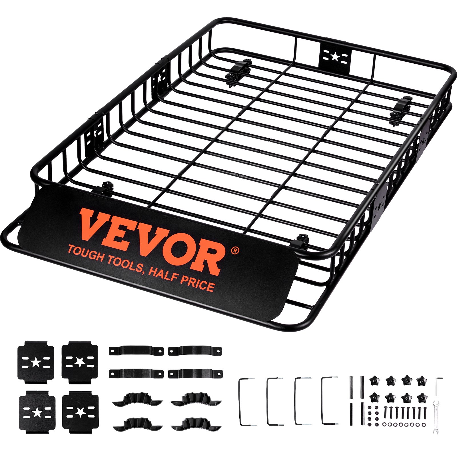 Cesta de carga para portaequipajes de techo VEVOR con herrajes y soportes de montaje, construcción de metal resistente, acabado negro.