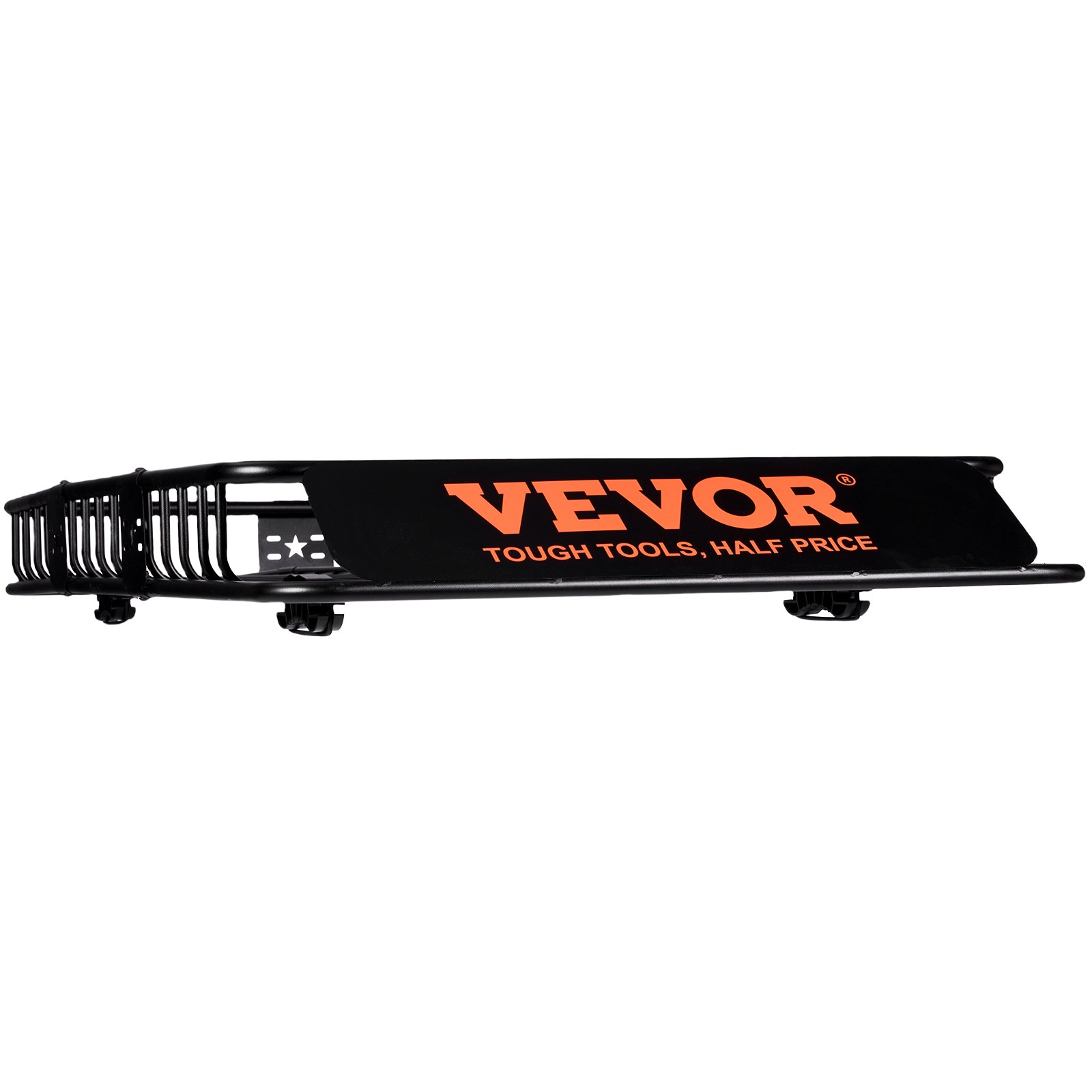Cesta de carga para portaequipajes de techo VEVOR de color negro con logotipo y eslogan en color naranja, que muestra una construcción de metal resistente.