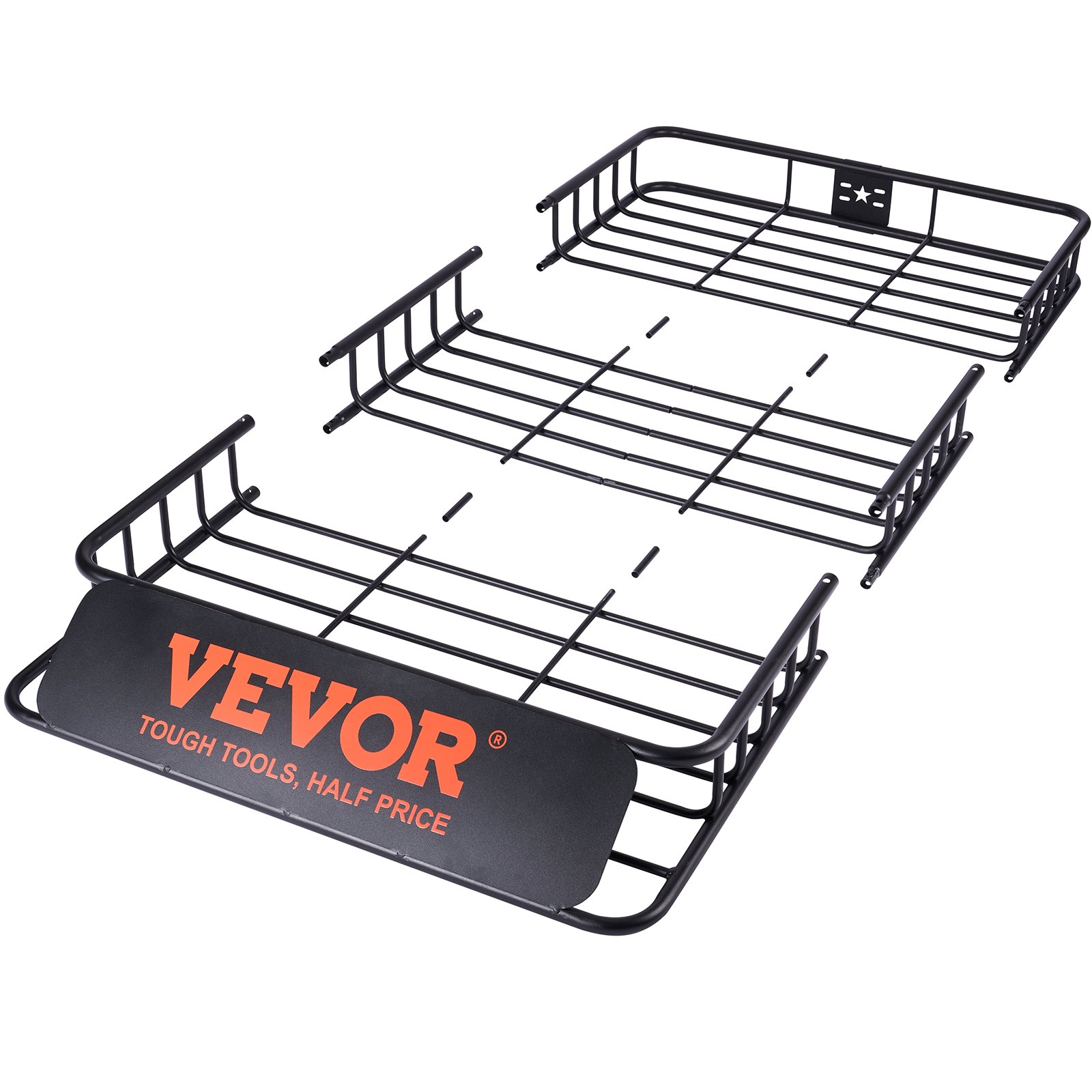 Cesta de carga para portaequipajes de techo VEVOR con marco de acero negro y logotipo naranja, que muestra secciones modulares.