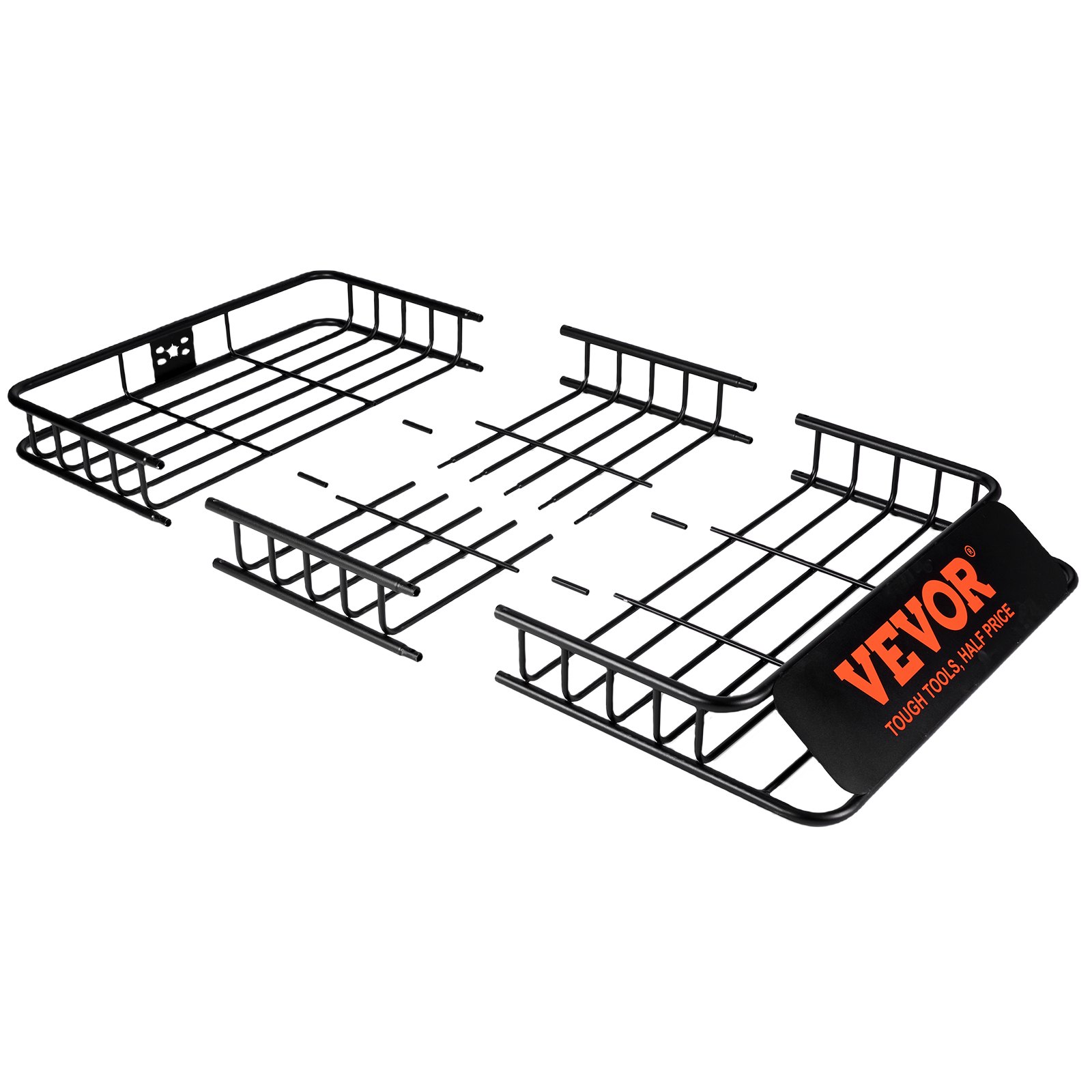 Cesta de carga para portaequipajes de techo VEVOR con marco de metal negro y logotipo VEVOR naranja, diseñada para el almacenamiento de vehículos.