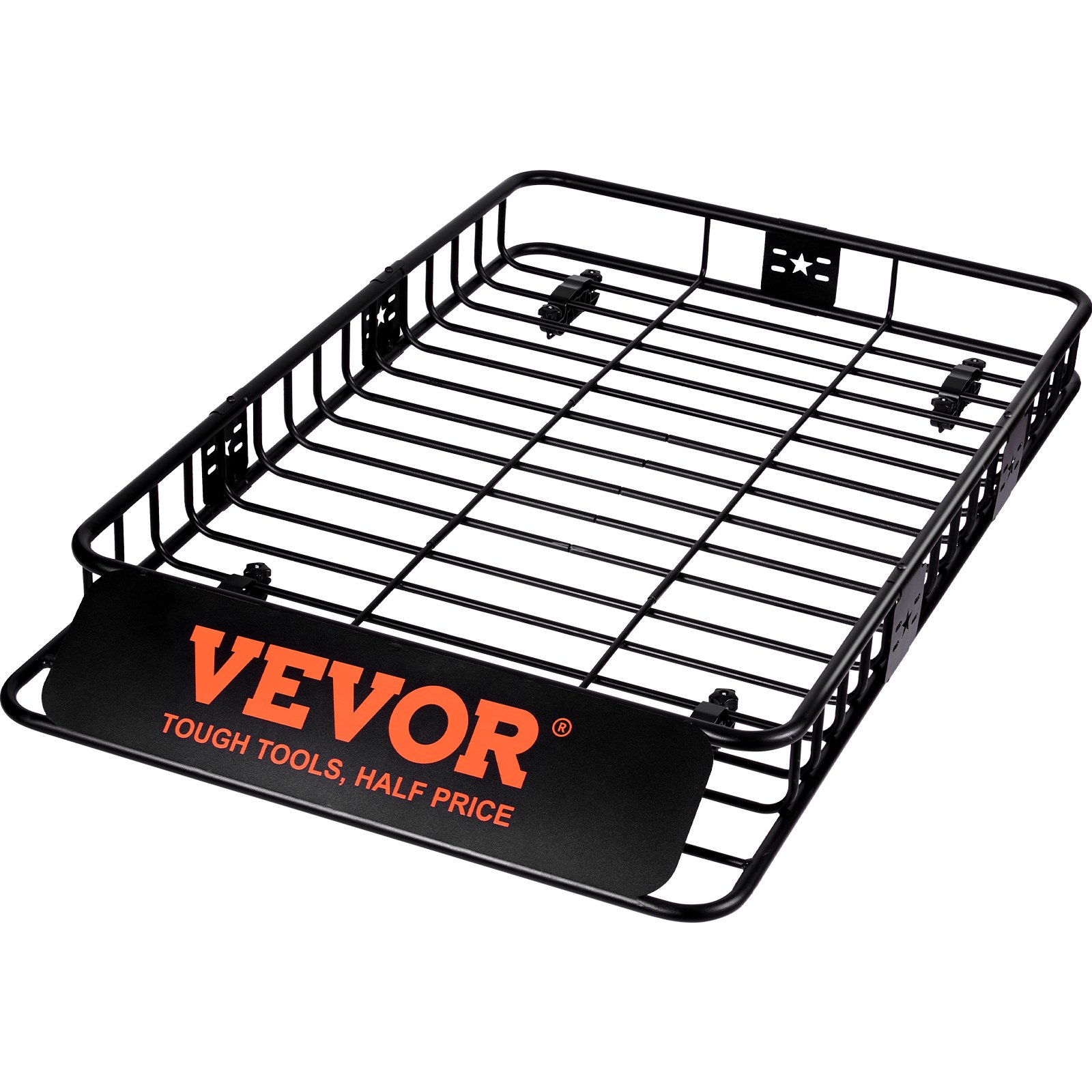 Cesta de carga para portaequipajes de techo VEVOR con marco de metal negro resistente y placa frontal de marca.