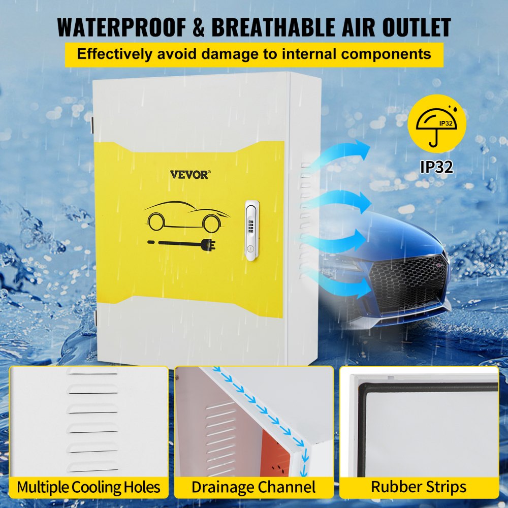 Carcasa de estación de carga VEVOR para Tesla, dimensiones 71 x 50 x 25 cm, caja de gestión de cables para exteriores, clasificación IP32 de resistencia al agua y al polvo, acero laminado en frío duradero, compatible con conector de pared Tesla.