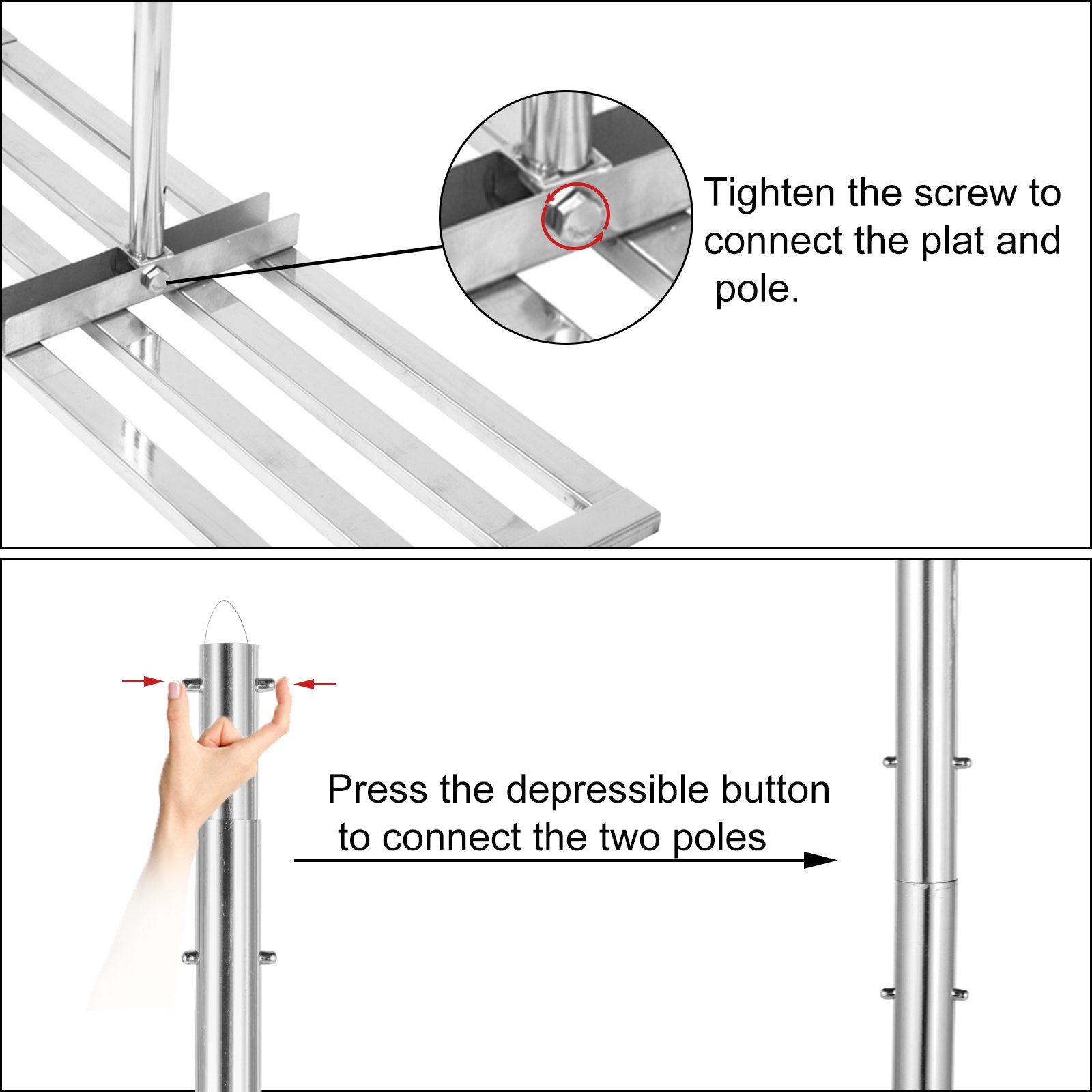 Instrucciones de montaje del nivelador de césped VEVOR: apretar los tornillos y presionar los botones en el poste.