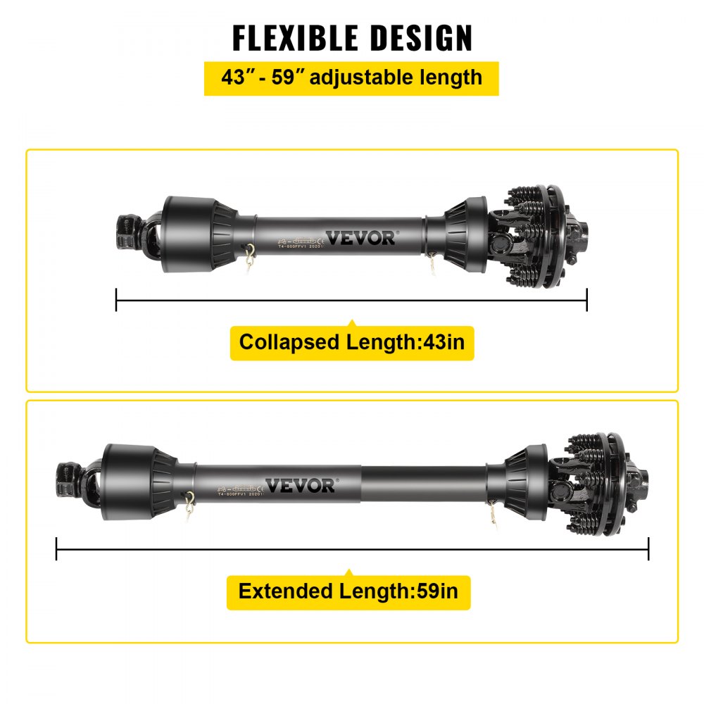 Eje de toma de fuerza VEVOR, longitud ajustable de 43&quot; a 59&quot;, colapsado 43&quot;, extendido 59&quot;, diseño flexible.