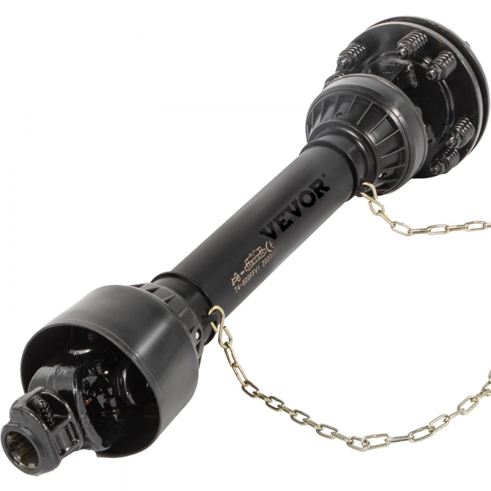 Eje de toma de fuerza VEVOR negro con cubiertas protectoras y cadena dorada.