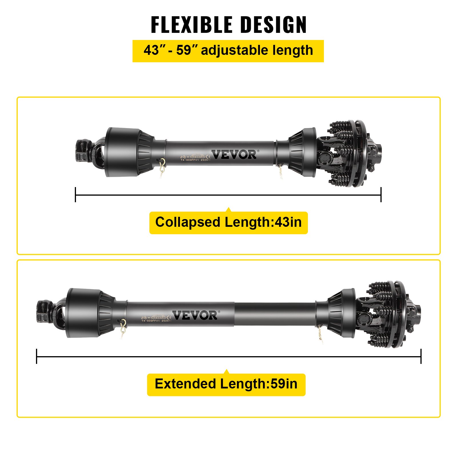Eje de toma de fuerza VEVOR, longitud ajustable de 43&quot; a 59&quot;, colapsado 43&quot;, extendido 59&quot;, diseño flexible.