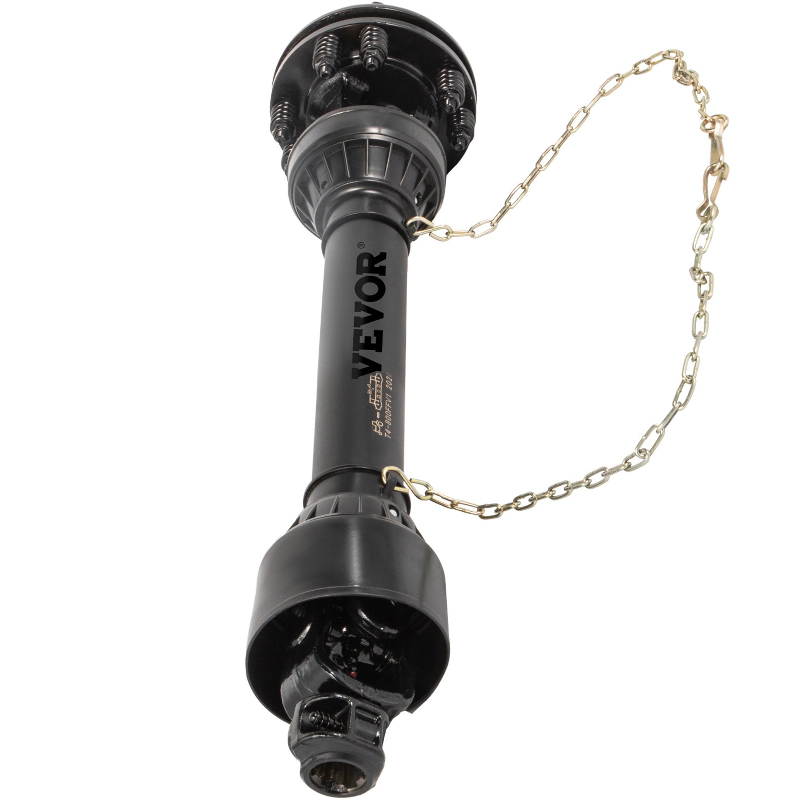Eje de toma de fuerza VEVOR, eje negro resistente con cadena de seguridad adjunta.