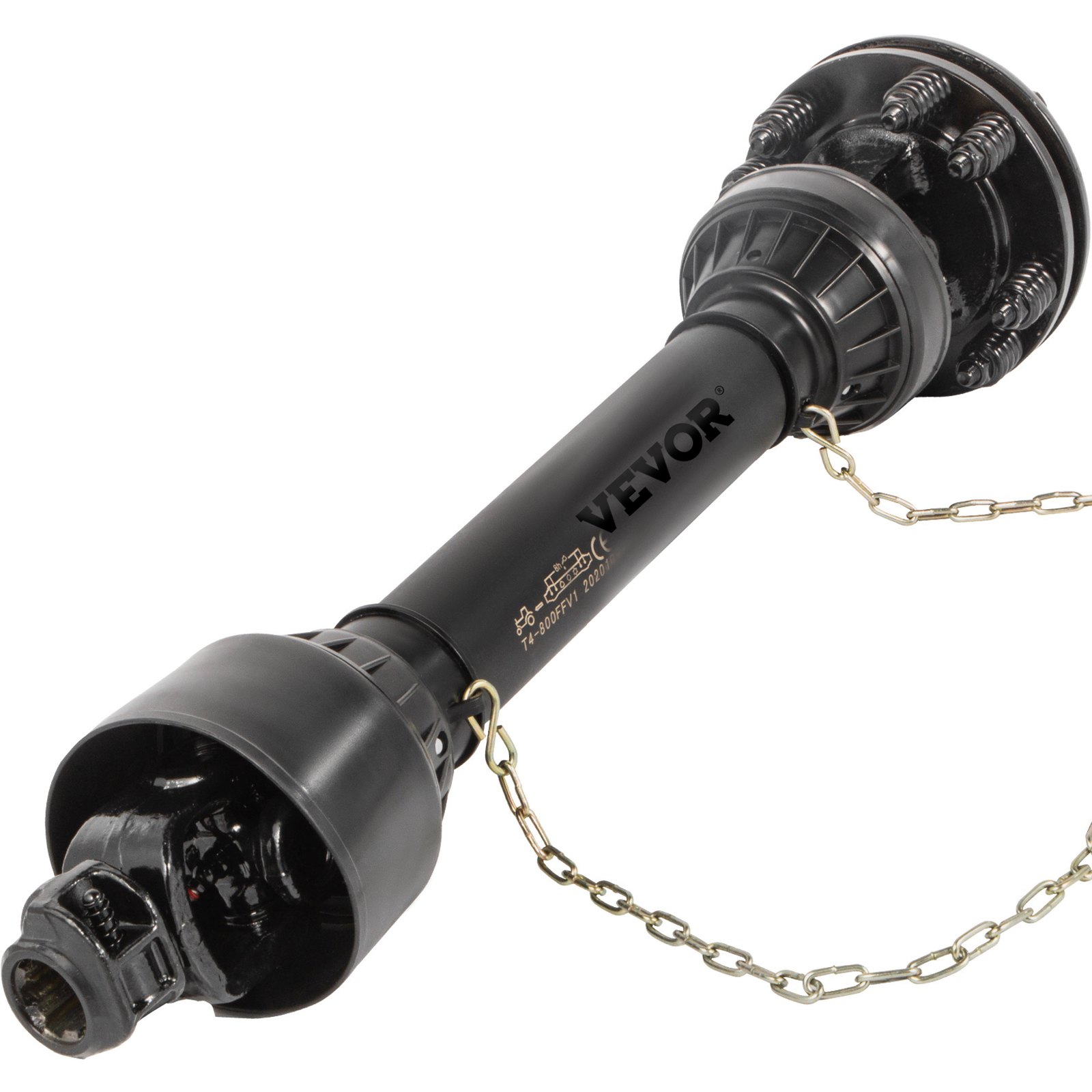 Eje de toma de fuerza VEVOR negro con cubiertas protectoras y cadena dorada.