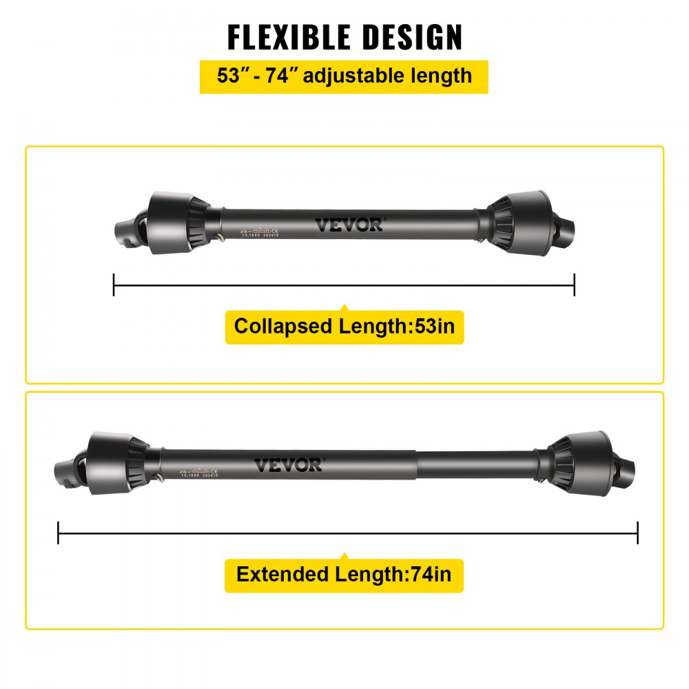 Eje de toma de fuerza VEVOR con diseño flexible, ajustable de 53 a 74 pulgadas.