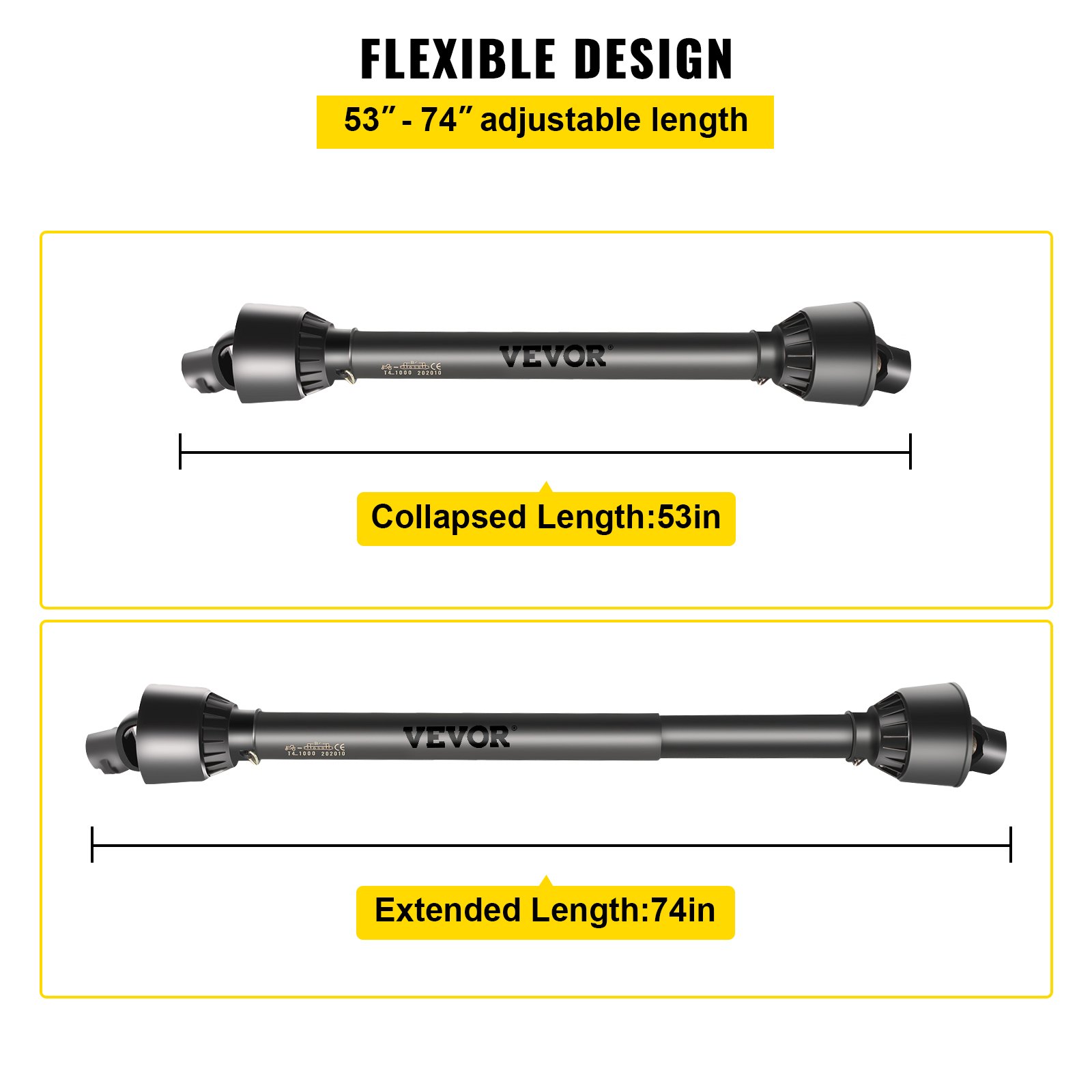 Eje de toma de fuerza VEVOR con diseño flexible, ajustable de 53 a 74 pulgadas.