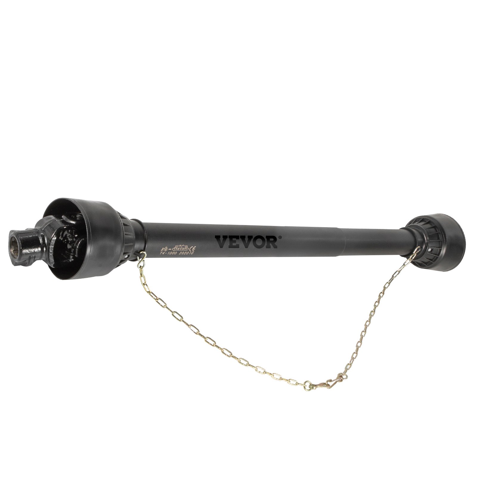 Eje de toma de fuerza VEVOR negro con cubierta protectora y cadena de seguridad.