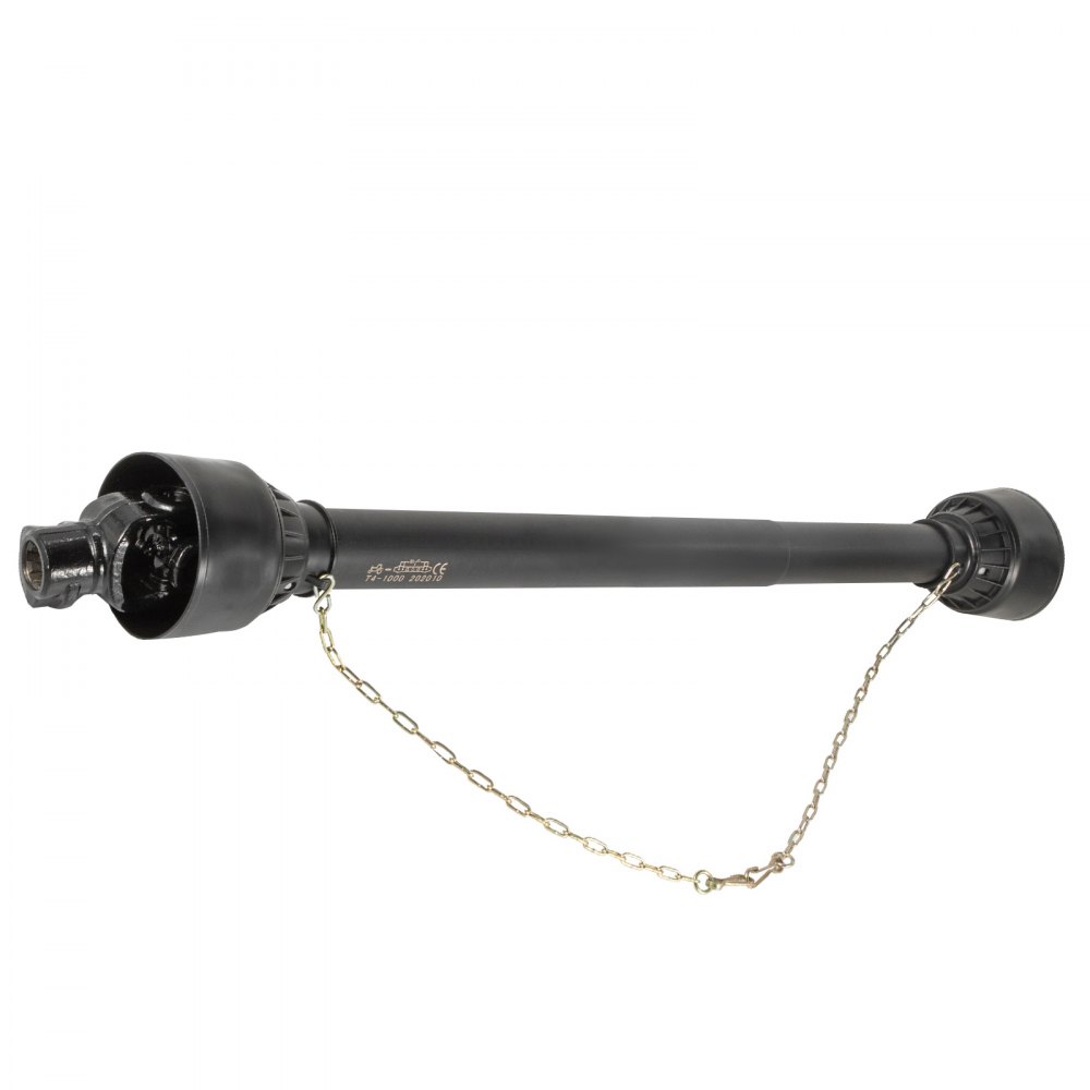 Eje de toma de fuerza VEVOR negro con cubiertas protectoras y cadenas de seguridad.