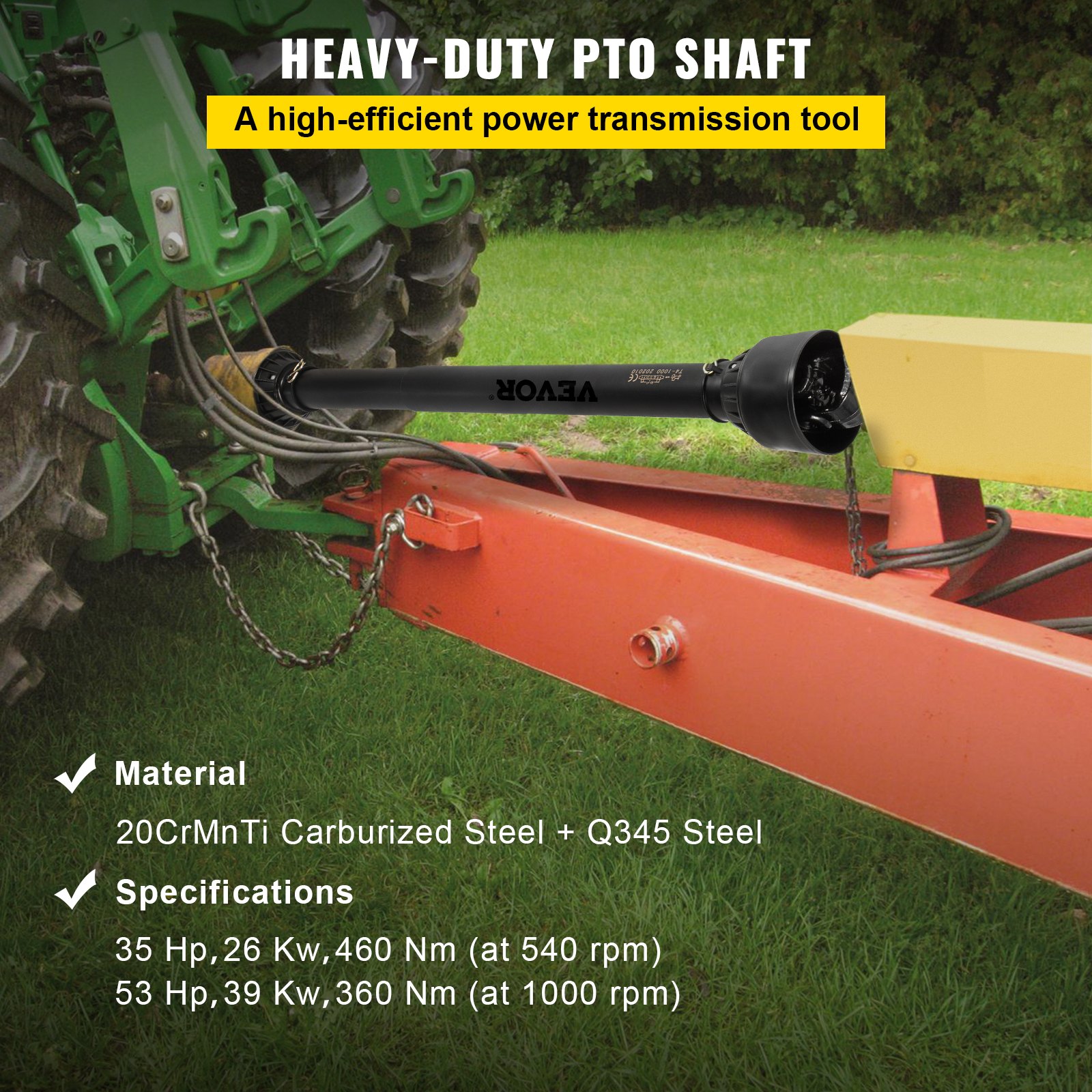 Eje de toma de fuerza VEVOR para tractor con descripción general de materiales y especificaciones.