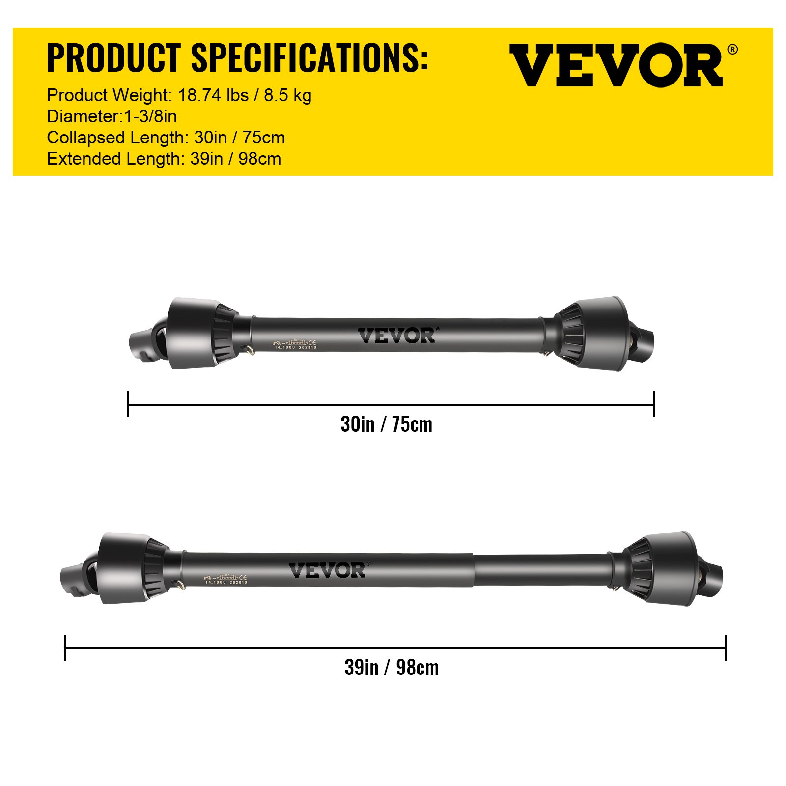 Eje de toma de fuerza VEVOR, 30 a 39 pulgadas, peso del producto: 18,74 libras, diámetro: 1-3/8 pulgadas.