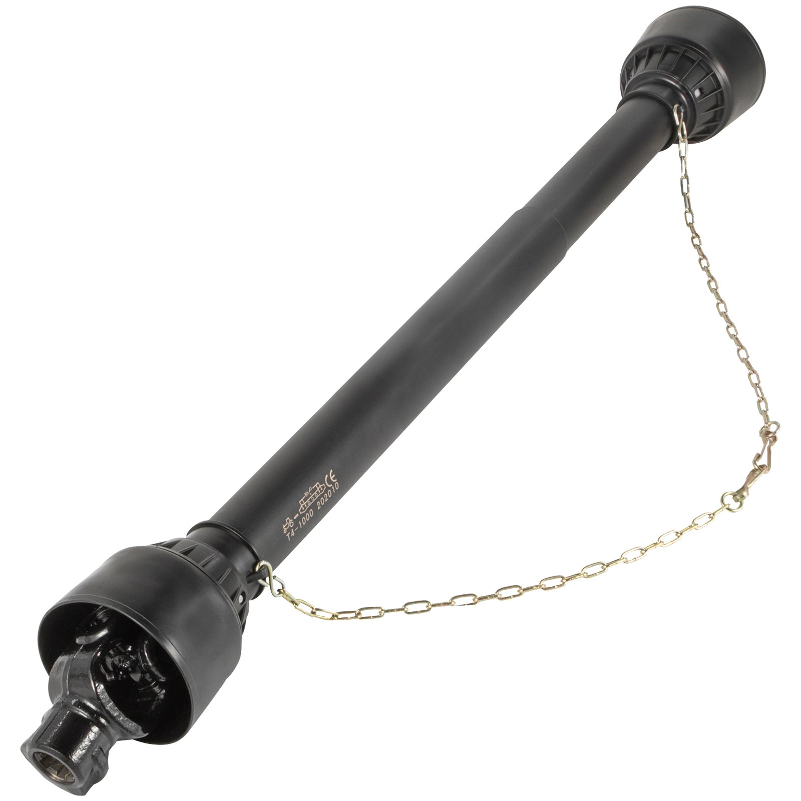 Eje de toma de fuerza VEVOR con tubo negro, cubiertas protectoras y cadena de seguridad.