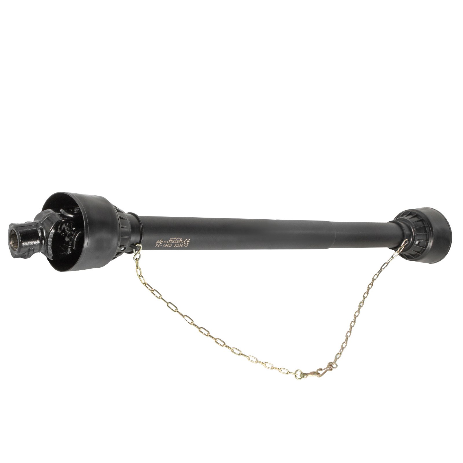 Eje de toma de fuerza VEVOR negro con cubiertas protectoras y cadenas de seguridad.
