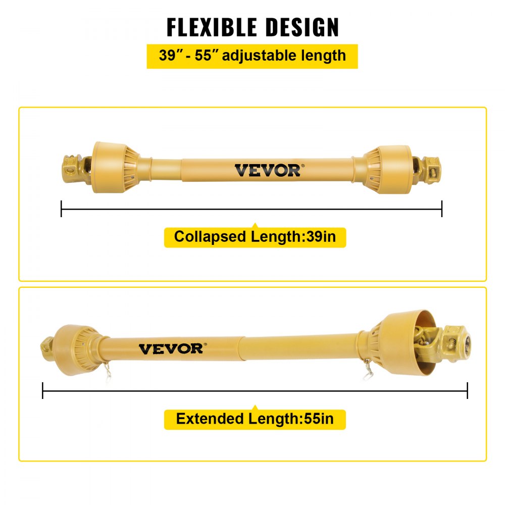 VEVOR Eje de Transmisión 34,9 mm(1 3/8") 6 Dientes Calidad T4 Cardán de Transmisión Longitud 1000 mm-1400 mm(39"-55") Eje de Transmisión de Tractor Acero para Vehículos con 35-53 CV(540-1000 rpm)