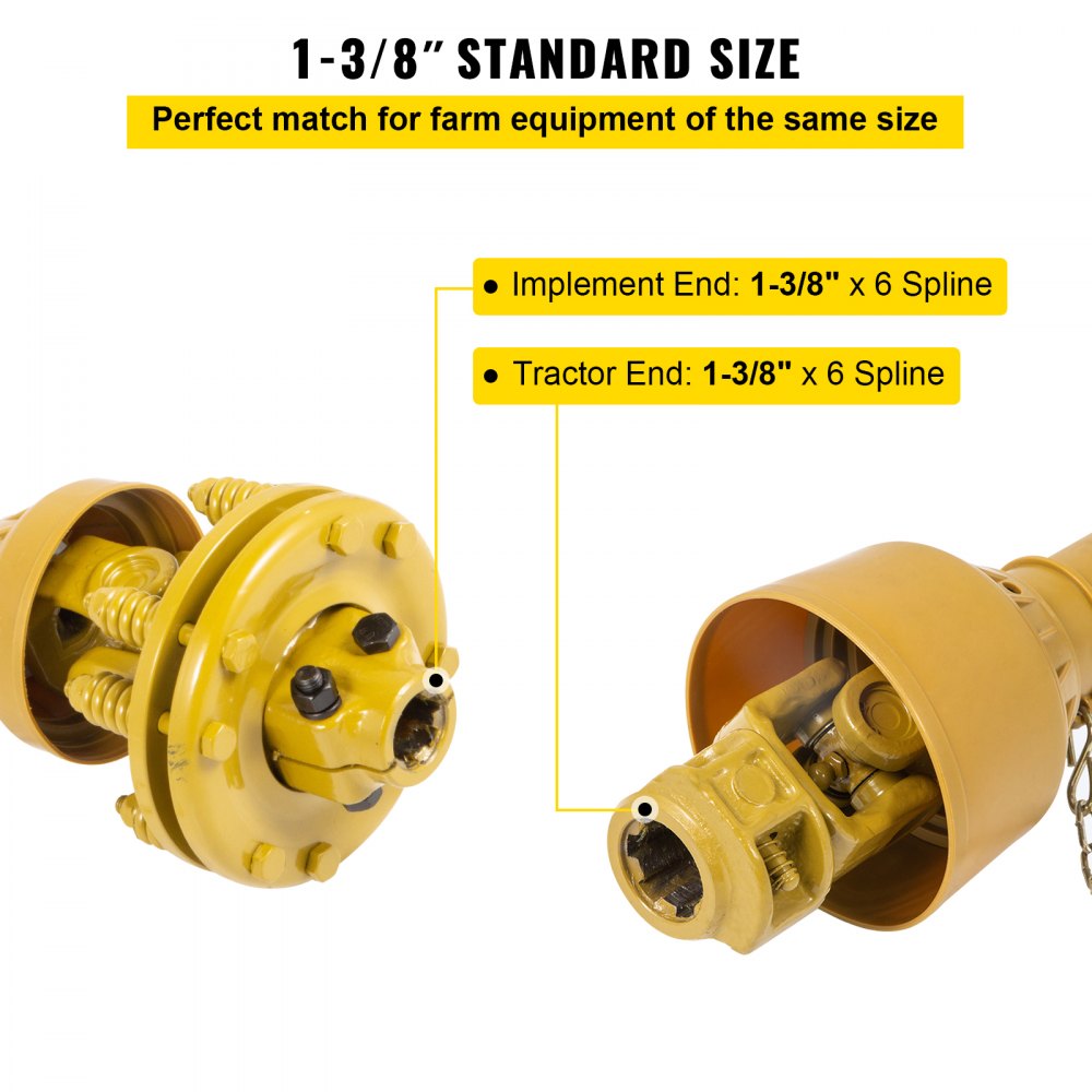 Eje de TDF VEVOR, eje de transmisión de TDF de 1-3/8", eje de transmisión de TDF de 6 estrías en ambos extremos, eje de TDF para tractor serie 4, eje de TDF para desbrozadora de 31,5" a 41", eje de TDF amarillo con embrague deslizante para desbrozadora/corte