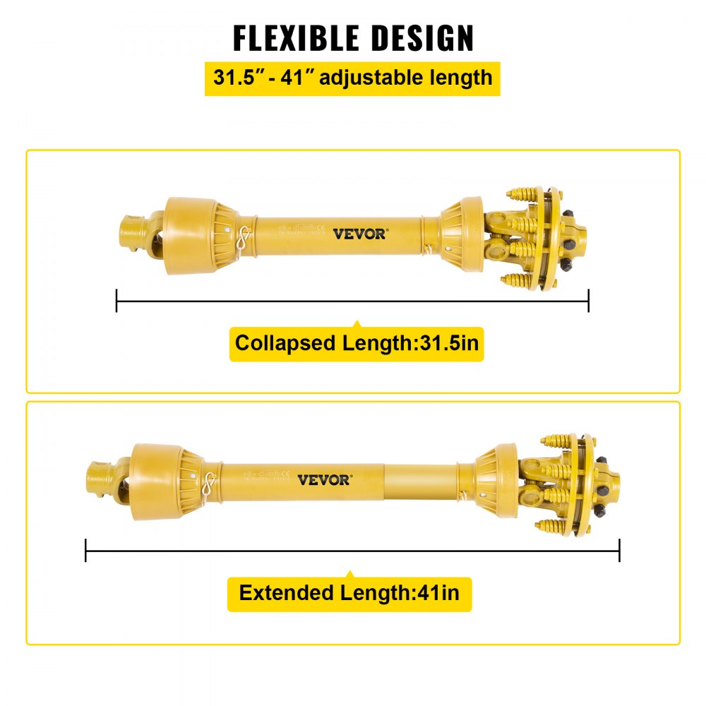 Eje de TDF VEVOR, eje de transmisión de TDF de 1-3/8", eje de transmisión de TDF de 6 estrías en ambos extremos, eje de TDF para tractor serie 4, eje de TDF para desbrozadora de 31,5" a 41", eje de TDF amarillo con embrague deslizante para desbrozadora/corte