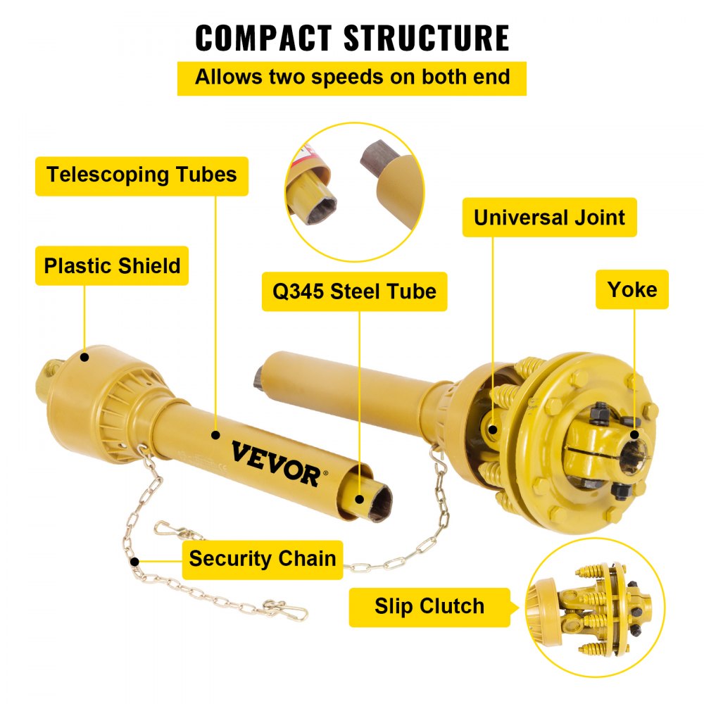 Eje de TDF VEVOR, eje de transmisión de TDF de 1-3/8", eje de transmisión de TDF de 6 estrías en ambos extremos, eje de TDF para tractor serie 4, eje de TDF para desbrozadora de 31,5" a 41", eje de TDF amarillo con embrague deslizante para desbrozadora/corte