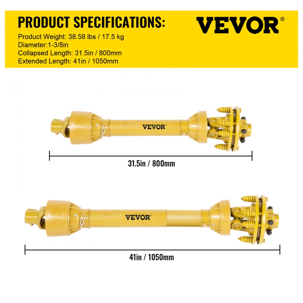 Eje de TDF VEVOR, eje de transmisión de TDF de 1-3/8", eje de transmisión de TDF de 6 estrías en ambos extremos, eje de TDF para tractor serie 4, eje de TDF para desbrozadora de 31,5" a 41", eje de TDF amarillo con embrague deslizante para desbrozadora/corte