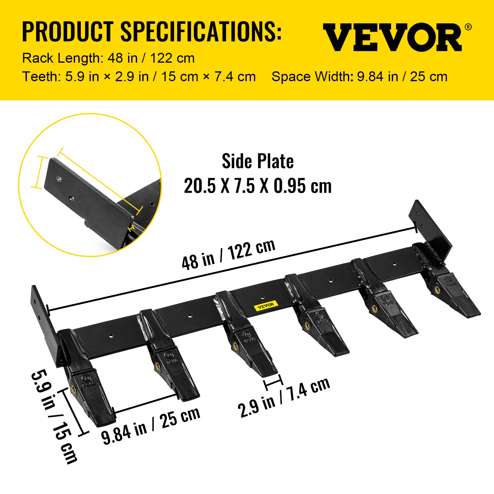 Barra de dientes de cucharón VEVOR con dimensiones y especificaciones del producto.