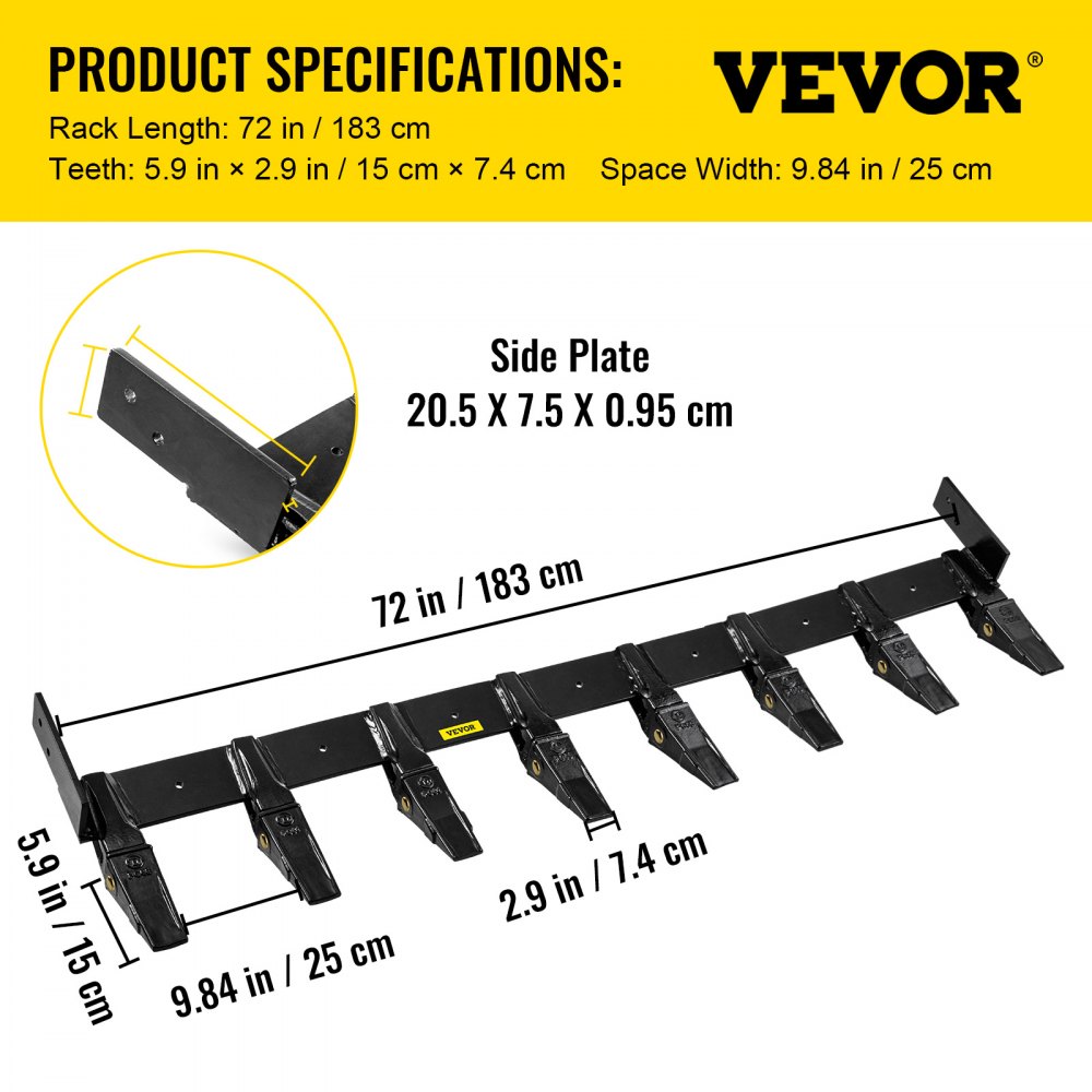 Barra de dientes de cucharón VEVOR con placa lateral y dimensiones de dientes en pulgadas y centímetros.