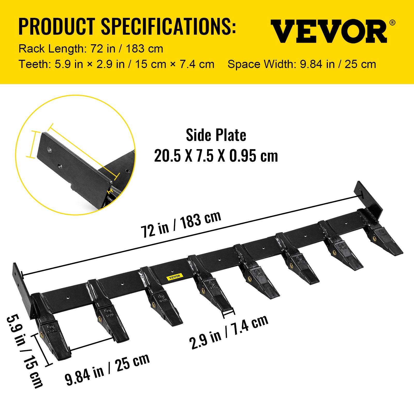 Barra de dientes de cucharón VEVOR con placa lateral y dimensiones de dientes en pulgadas y centímetros.