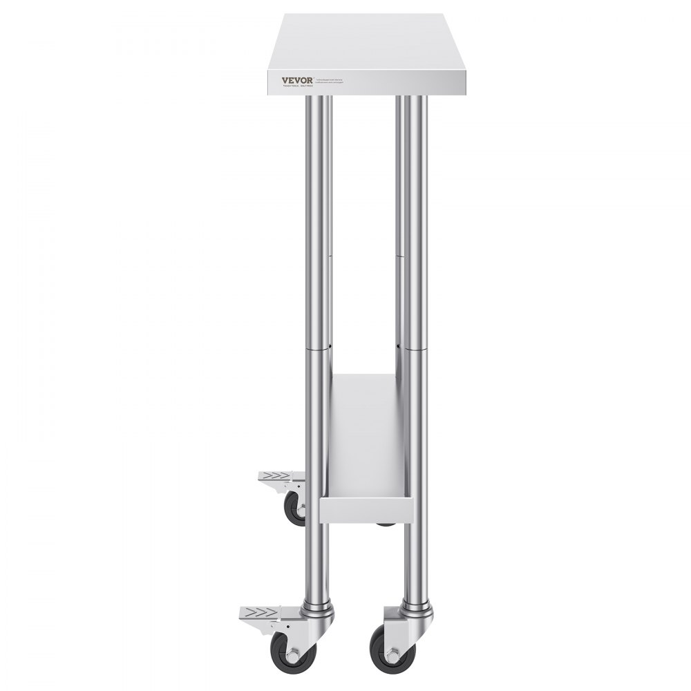 Mesa de trabajo de acero inoxidable VEVOR con ruedas y estante inferior, vista lateral.