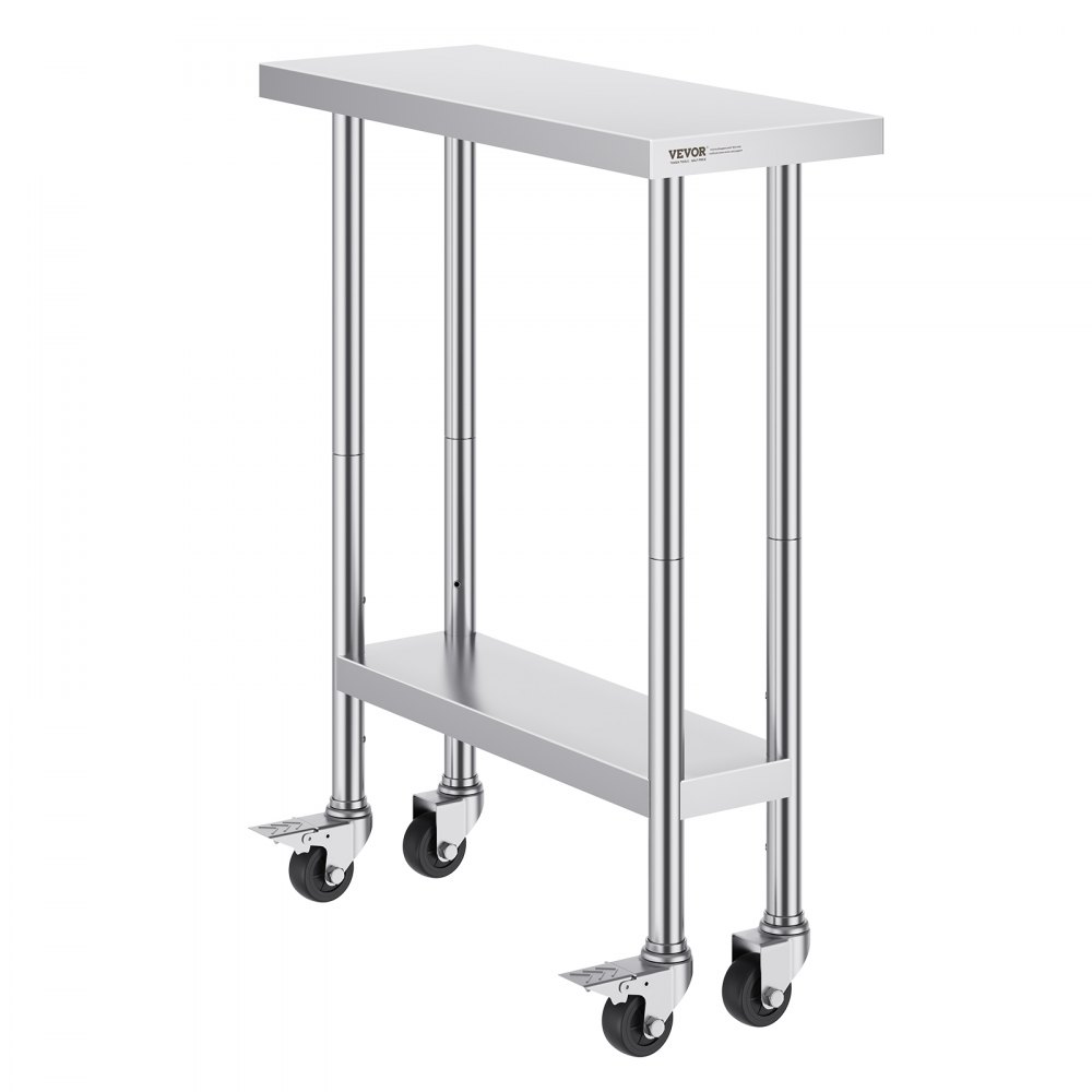 Mesa de trabajo móvil VEVOR de acero inoxidable con estante inferior y ruedas giratorias con bloqueo.