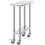 Mesa de trabajo de acero inoxidable VEVOR con ruedas, estante inferior y cuatro patas para estabilidad y movilidad.